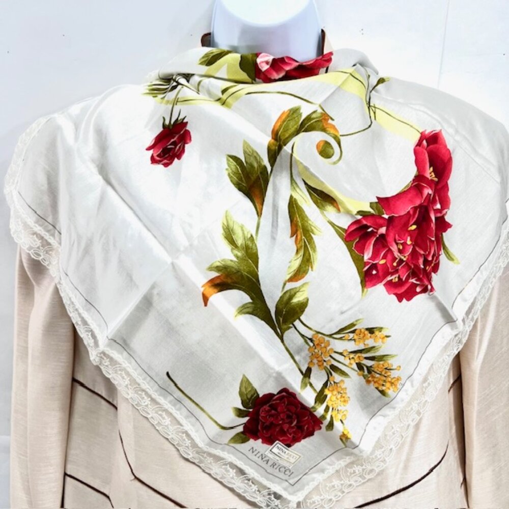 New- Nina Ricci, Mini Scarf/Handker 20" coton/silk white silver rose Lace (41)